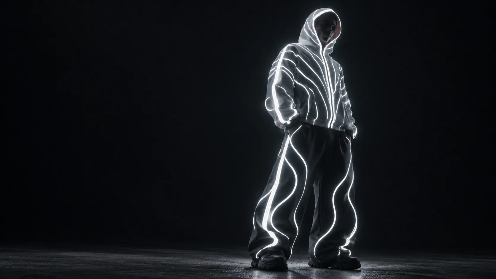 Standing, hood up, lit by the suit